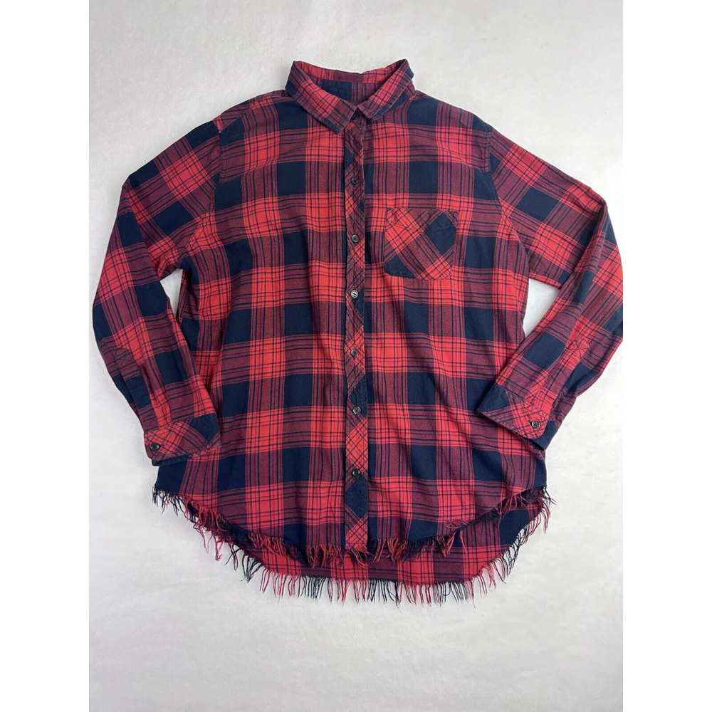 Beach Lunch Lounge XL Frayed Fringe Hem Plaid Western Tunic Button Up Shirt Boho